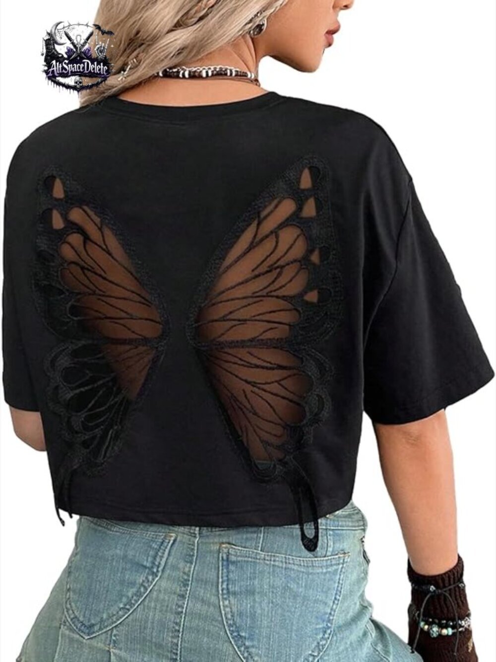 Gothic Butterfly Crop Top, Emo Grunge Witchy Tee, Polyester Stretch